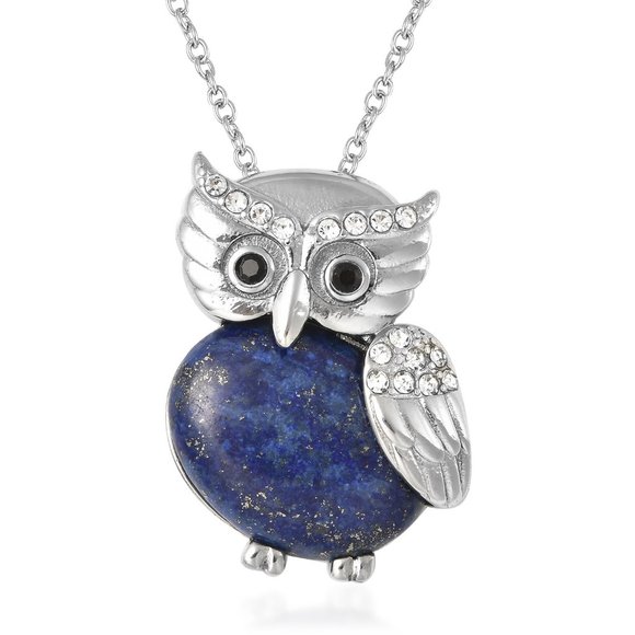 Lapis Lazuli, White and Black Austrian Crystal Owl Pendant Necklace - Picture 1 of 5